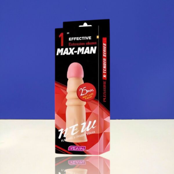 Bao đôn dên MaxMan 25mm giúp tăng 2.5cm chiều dài, đầu giả giống thật, thân gân nổi siêu kích thích, chất liệu silicone an toàn – giải pháp tăng khoái cảm tức thì cho phái mạnh sẵn hàng tại Bao Cao Su Men Up Bến Tre