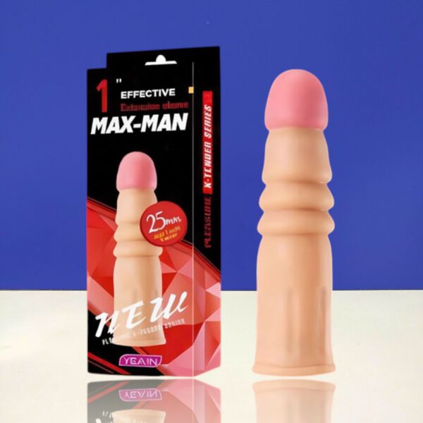 Bao cao su đôn dên MaxMan 25mm giúp tăng 2.5cm chiều dài, đầu giả giống thật, thân gân nổi siêu kích thích, chất liệu silicone an toàn – giải pháp tăng khoái cảm tức thì cho phái mạnh sẵn hàng tại Bao Cao Su Men Up Bến Tre