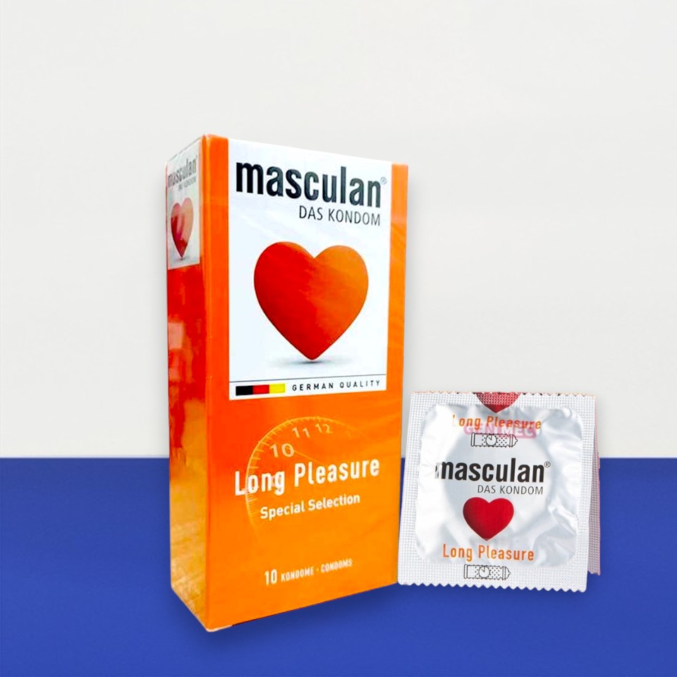 Bao cao su Masculan Long Pleasure hộp 10 cái – Siêu gân gai, kéo dài thời gian, hương dâu ngọt ngào từ Đức tại Men Up Bến Tre