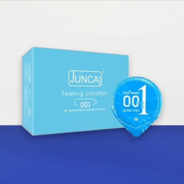 Bao cao su Juncai Frosty Feeling Ultrathin 001 hộp 10 – Siêu mỏng mát lạnh bạc hà, thêm gân tăng khoái cảm tại Bến Tre